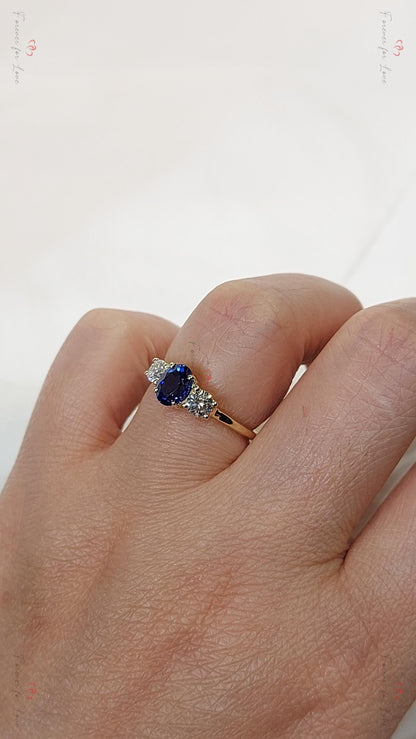Round Blue Lab Diamond, Sapphire Three Stone Ring
