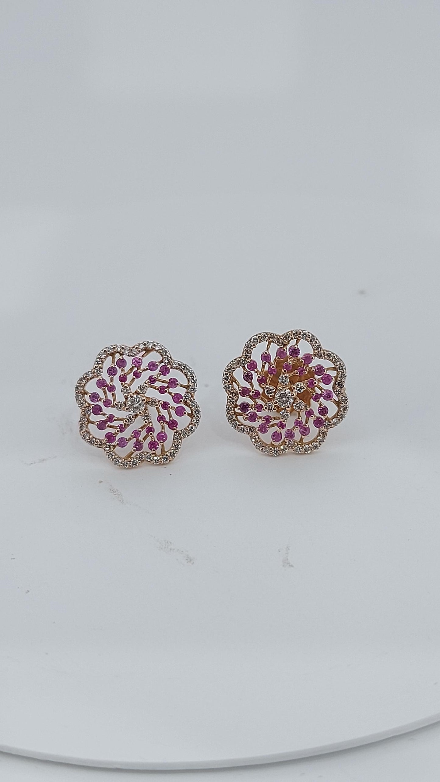 Pink sapphire and diamond stud earrings for mom, mothers day gift. Nature inspired gift for mom. One of a kind earring Moissanite engagement ring in Gold or Platinum — custom handcrafted by Forever For Love