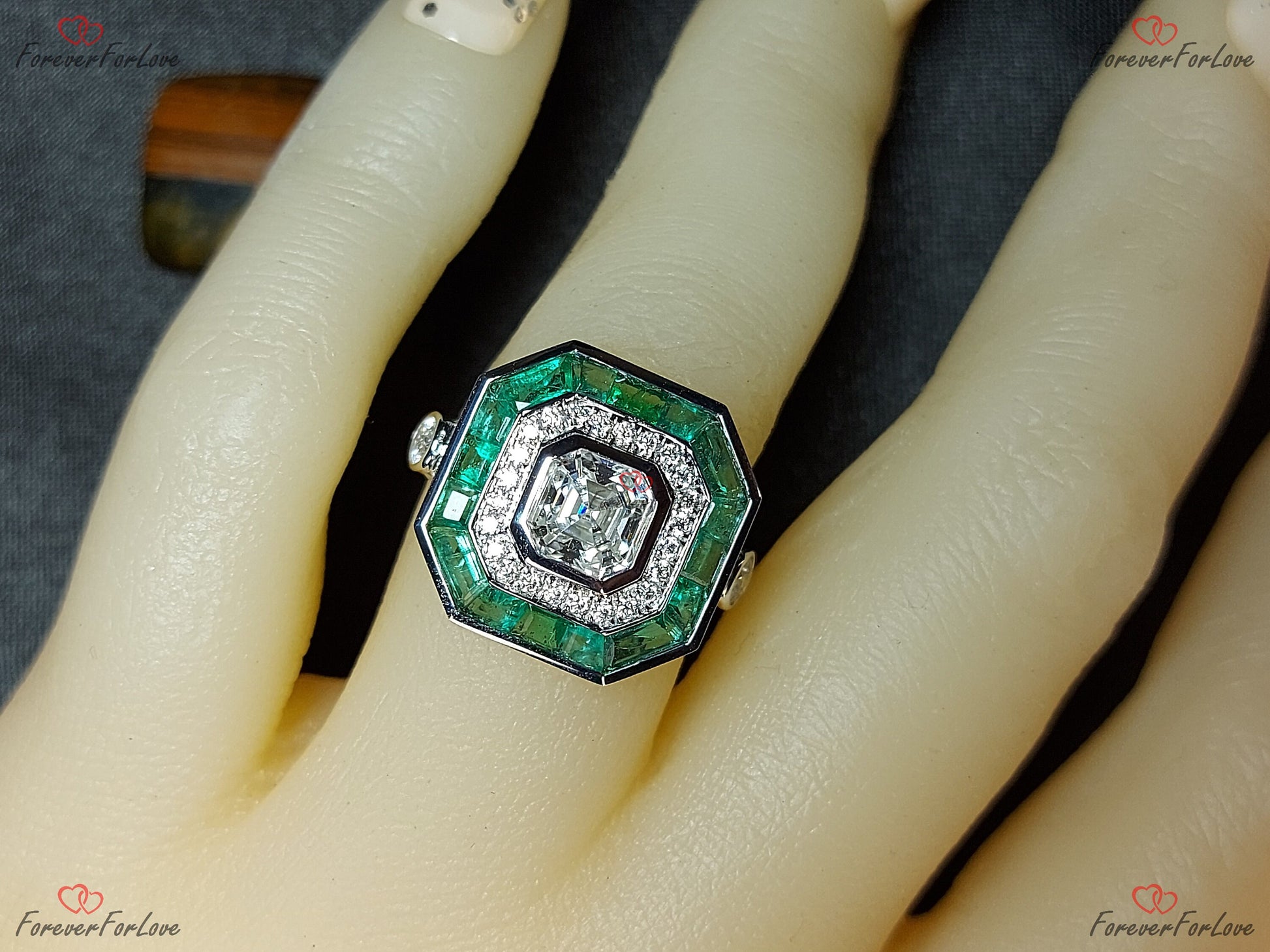 Asscher Moissanite, Emerald Halo Engagement Ring