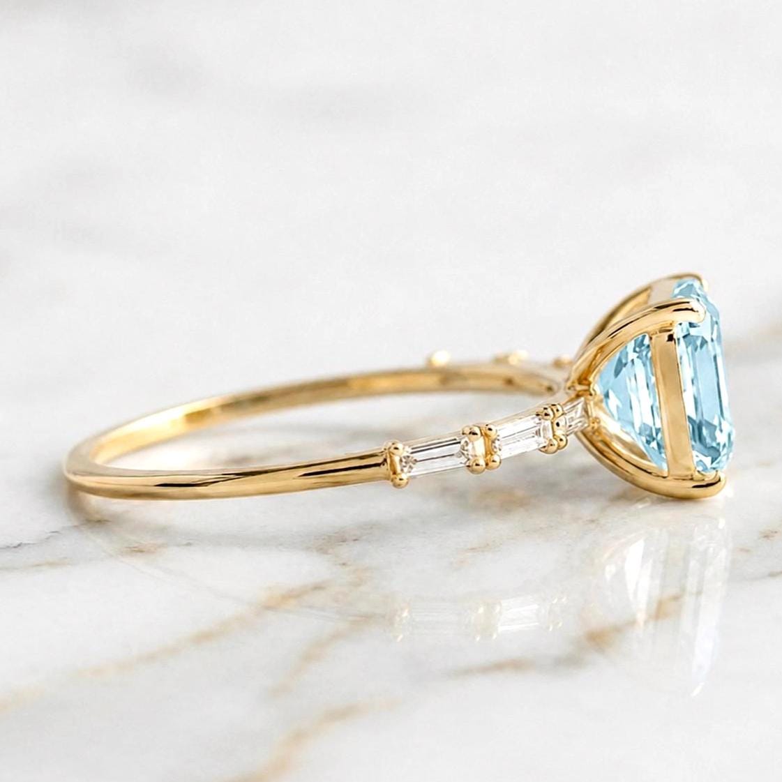 2.6 carat Aquamarine Asscher Cut with Baguette Lab Grown Diamond side stone E, VVS2 Engagement Ring 18k Yellow Gold, Perfect gift for her.