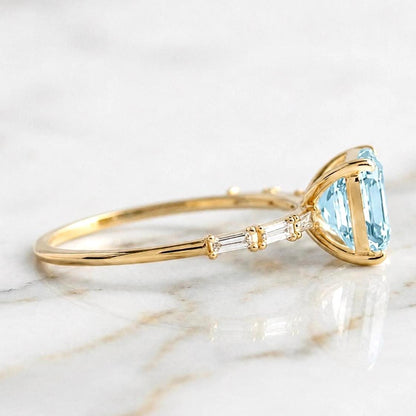2.6 carat Aquamarine Asscher Cut with Baguette Lab Grown Diamond side stone E, VVS2 Engagement Ring 18k Yellow Gold, Perfect gift for her.
