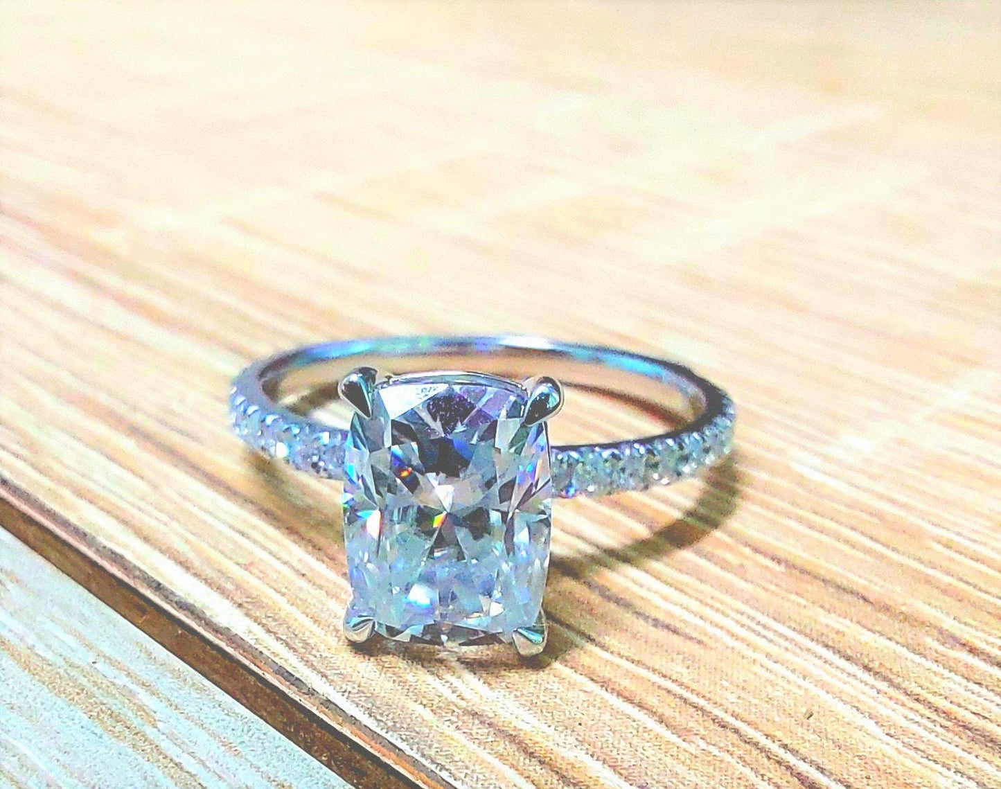 1.5 Ct Cushion Moissanite Hidden Halo Engagement Ring Cushion cut 1Ct Moissanite Brilliant Cut engagement ring in 935 Argentium Silver — custom handcrafted by Forever For Love