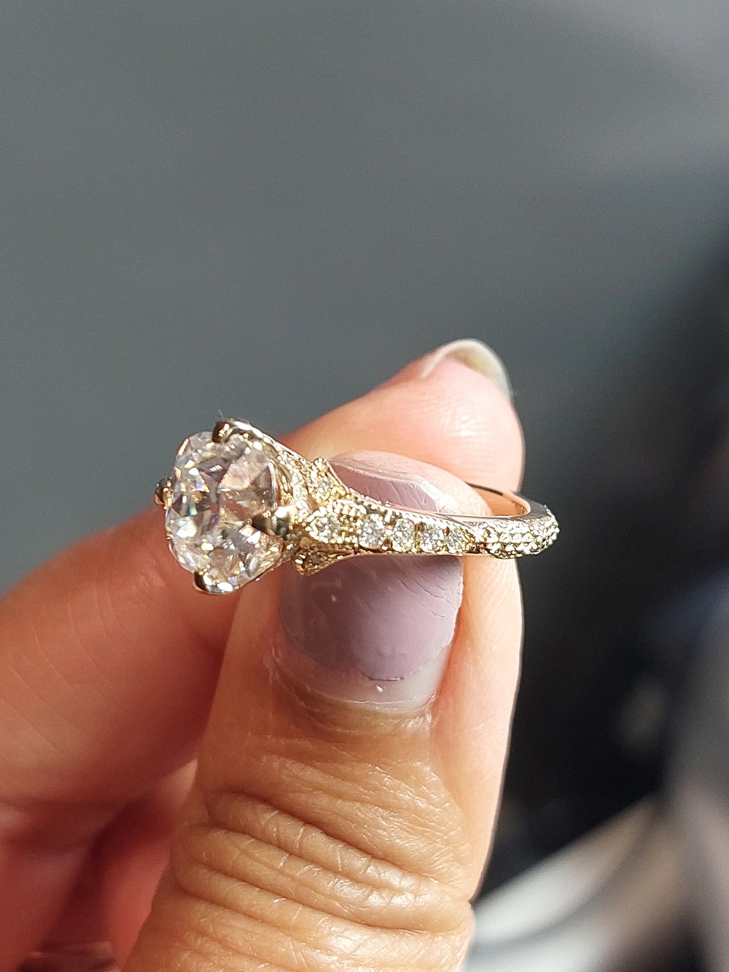 Bague de fiançailles solitaire en moissanite taille coussin ancienne mine Cushion cut 1Ct Moissanite coupe brillante engagement ring in Gold or Platinum — custom handcrafted by Forever For Love