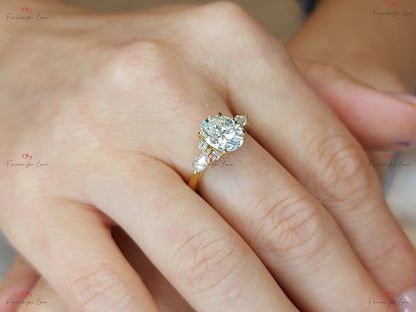 Oval Moissanite engagement ring unique Cluster Yellow gold engagement ring women Marquise diamond wedding Bridal art deco Anniversary Ring.