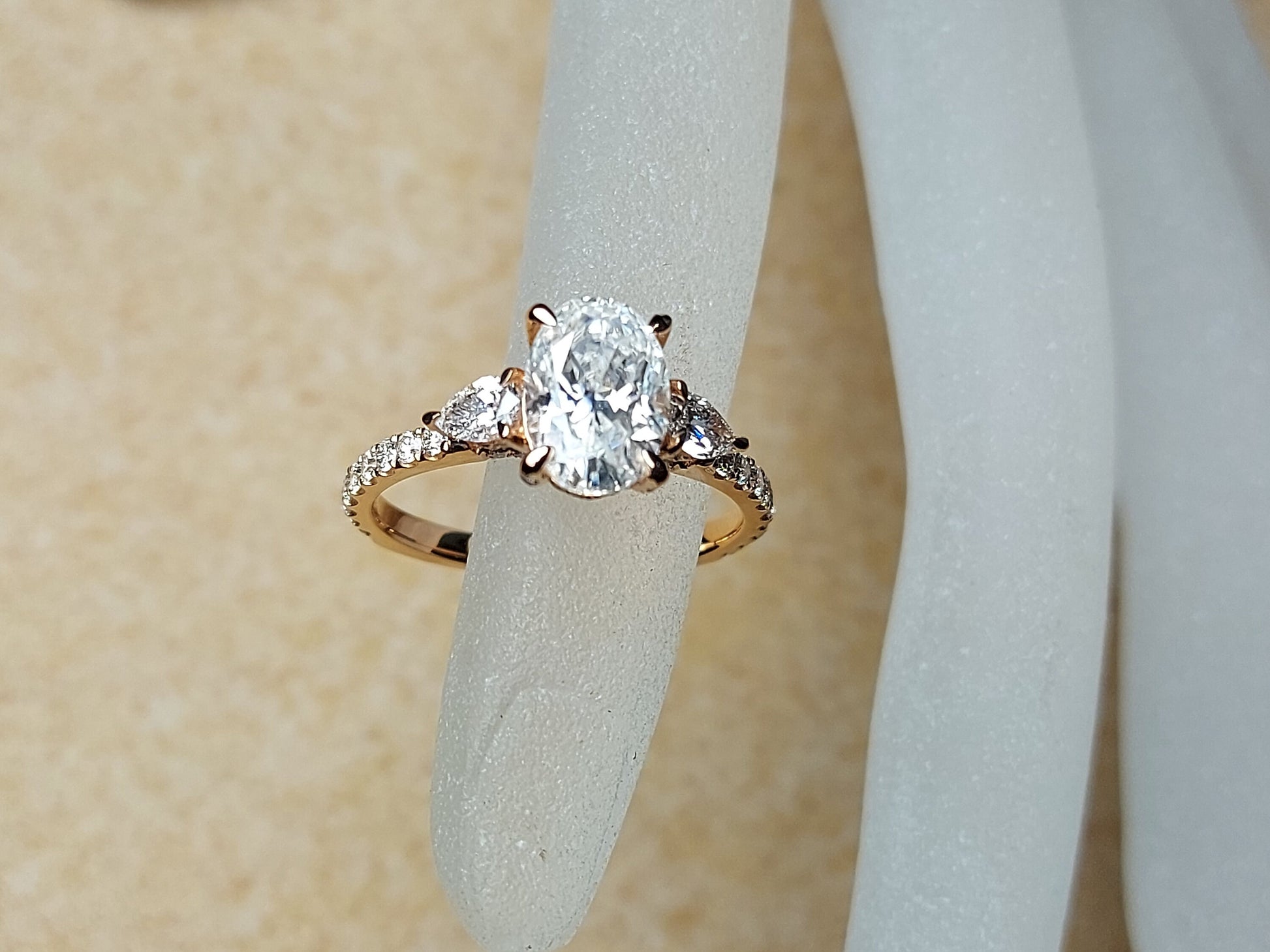 1.5 Ct Oval Diamond, Moissanite Three Stone Engagement Ring