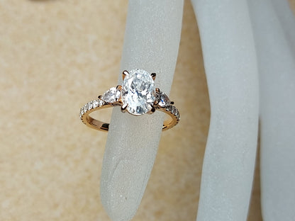 1.5 Ct Oval Diamond, Moissanite Three Stone Engagement Ring