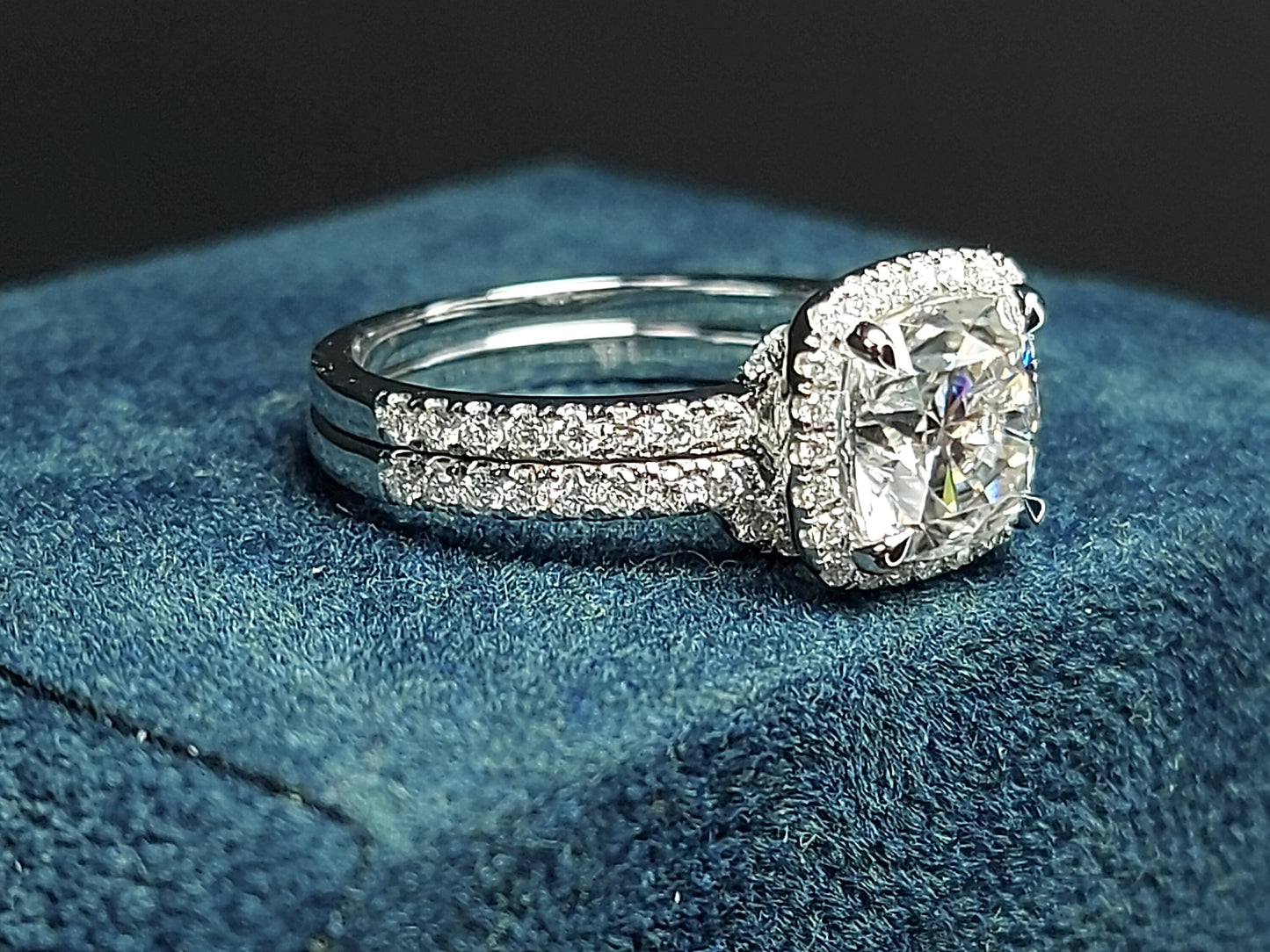 2.5 Ct Cushion Moissanite Eternity Band Cushion cut Moissanite Brilliant Cut engagement ring in 935 Argentium Silver — custom handcrafted by Forever For Love