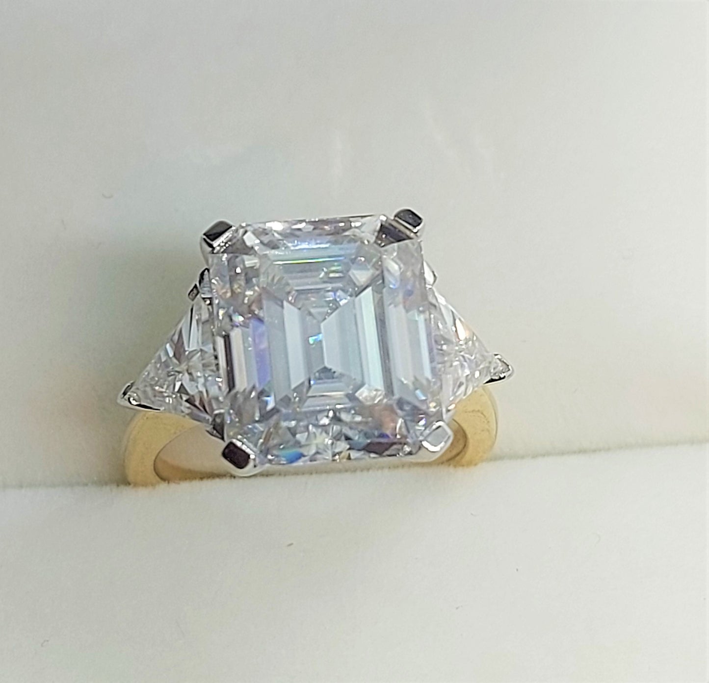 5 Ct Emerald Moissanite with Trillion Accents Three Stone Ring Emerald cut Moissanite engagement ring in Gold or Platinum — custom handcrafted by Forever For Love