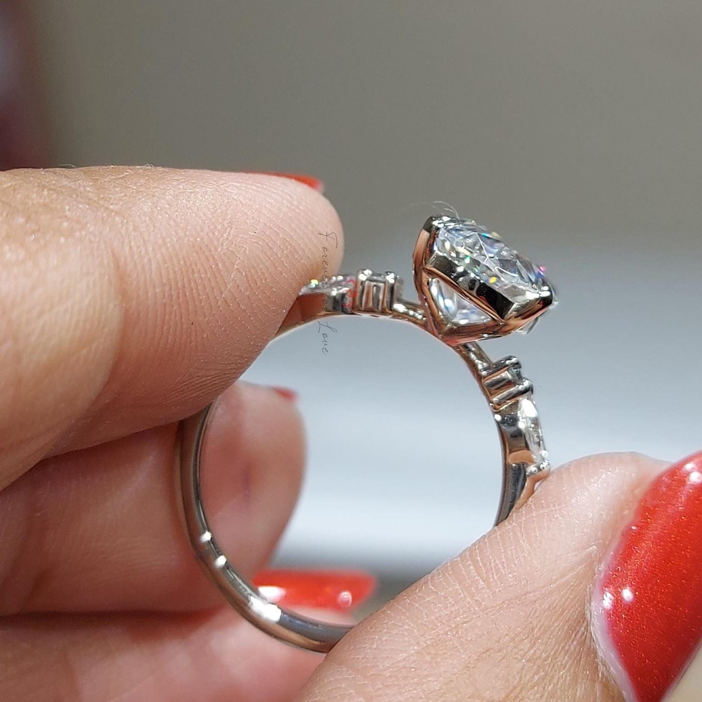 3.5 Ct Oval Moissanite Art Deco Cluster Engagement Ring Oval cut Moissanite engagement ring in Gold or Platinum — custom handcrafted by Forever For Love
