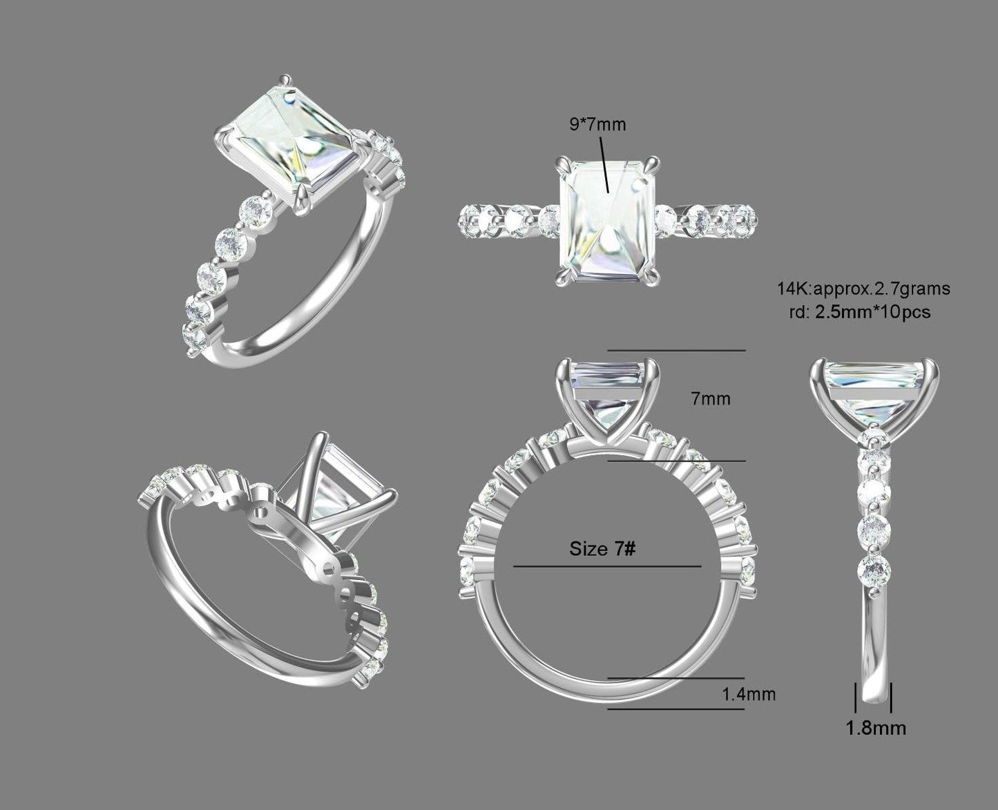 3 Ct Radiant Diamond, Moissanite Eternity Band Radiant cut 1Ct Moissanite Brilliant Cut engagement ring in 935 Argentium Silver — custom handcrafted by Forever For Love