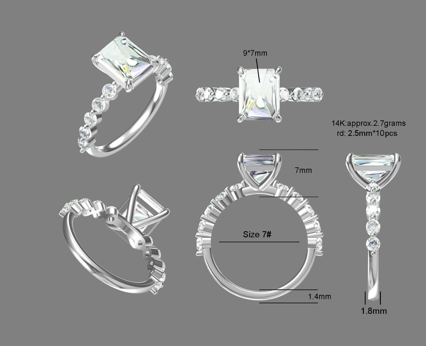 3 Ct Radiant Diamond, Moissanite Eternity Band