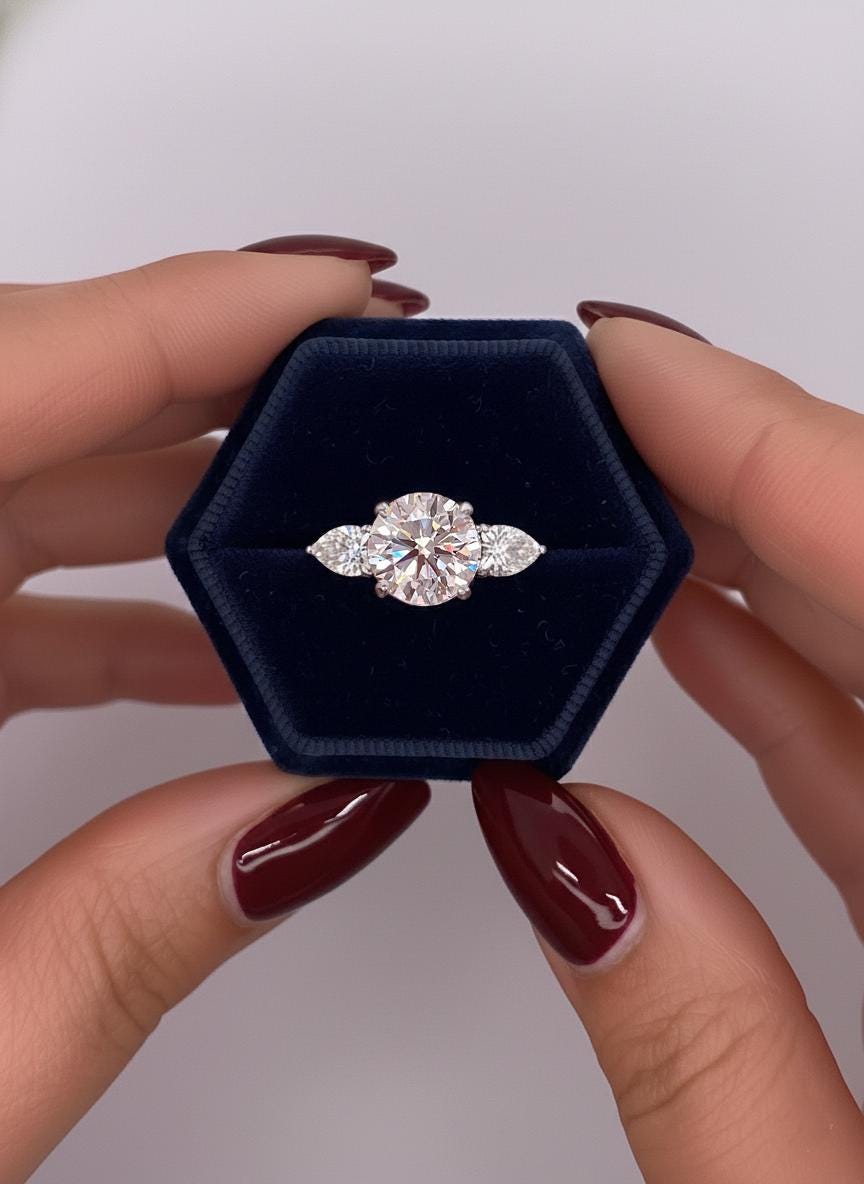 4.5 Ct Pear Lab Diamond Three Stone Engagement Ring Pear cut Moissanite engagement ring in Gold or Platinum — custom handcrafted by Forever For Love