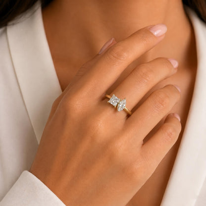 14k Yellow Gold Toi Et Moi Ring Lab Grown Diamond Engagement Ring Princess and Marquise cut Diamond Ring Unique Anniversary Gift for Wife