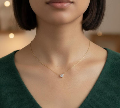 Pear diamond Necklace, 14k Yellow Gold, Dainty Minimalist Pear Pendant, Lab Diamond Womens Necklace, Special Gift For Her.