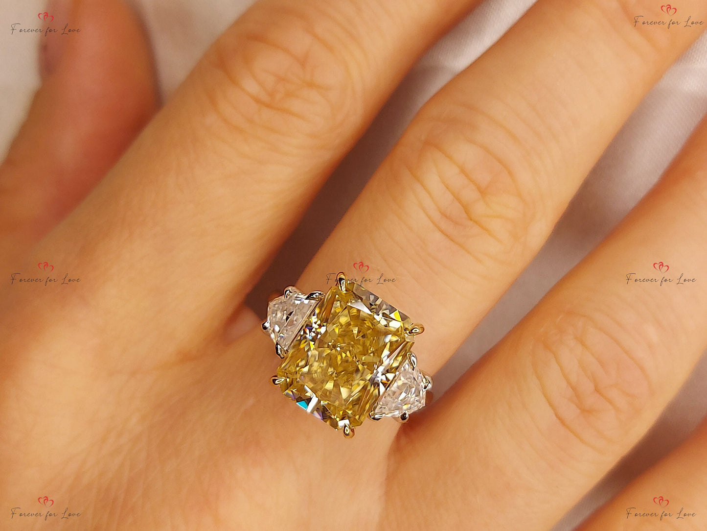 Bague de promesse en moissanite radiante 6 carats avec anneau éternité Radiant cut 1Ct Moissanite taille brillant engagement ring in Gold or Platinum — custom handcrafted by Forever For Love