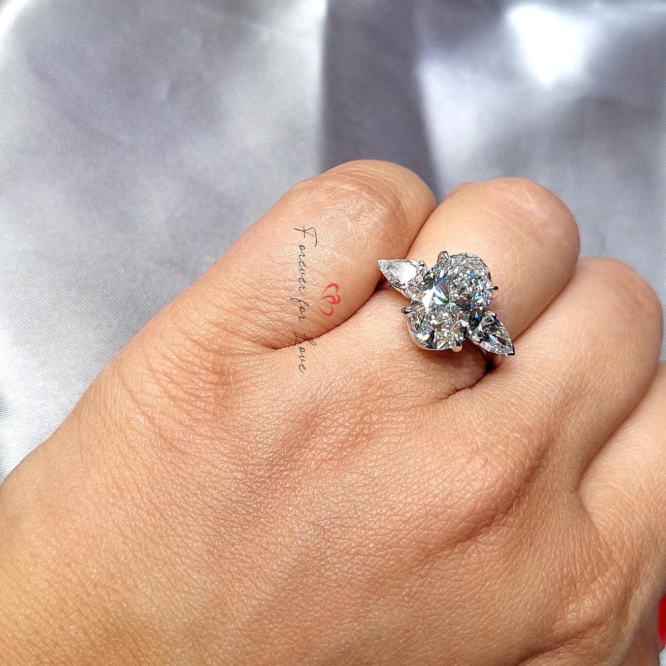 4 Ct IGI Certified Oval Lab Diamond Three Stone Engagement Ring Oval cut Moissanite engagement ring in Gold or Platinum — custom handcrafted by Forever For Love
