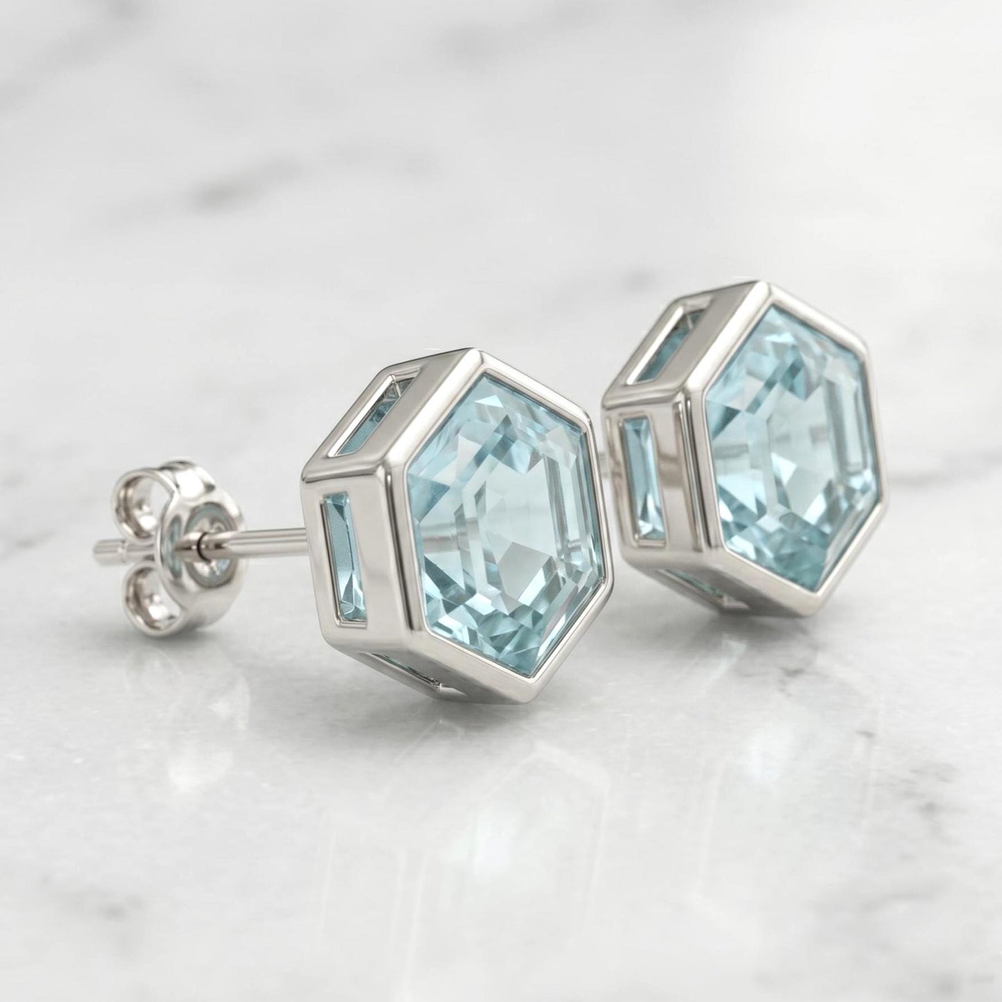 14k Gold Hexagon Aquamarin Ohrstecker – Minimalistische geometrische blaue Edelsteinohrstecker, Aquamarin-Ohrstecker, Einzigartiges Design, Perfektes Geschenk Moissanite engagement ring in Gold or Platinum — custom handcrafted by Forever For Love