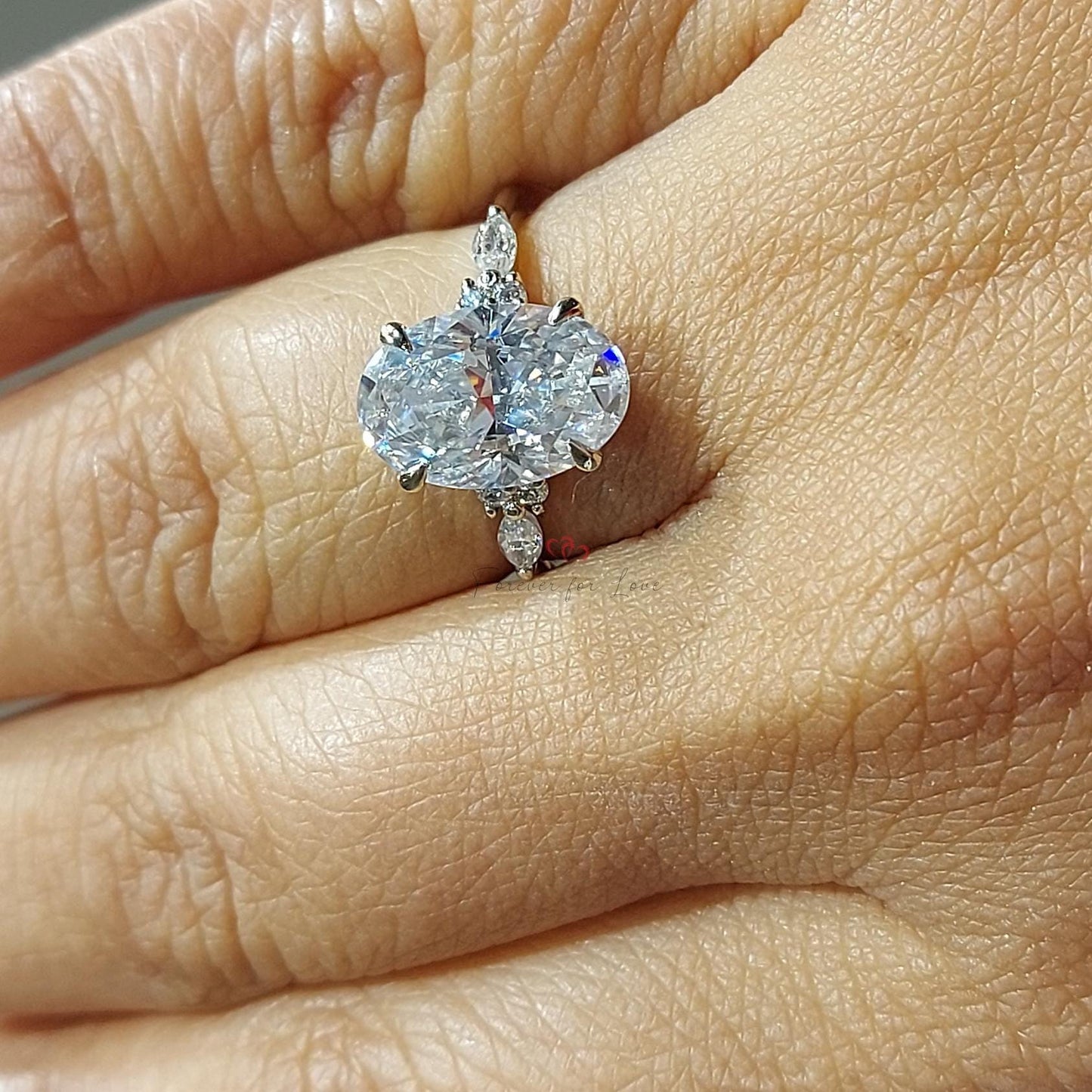 3.5 Ct Oval Moissanite Art Deco Cluster Engagement Ring Oval cut Moissanite engagement ring in Gold or Platinum — custom handcrafted by Forever For Love