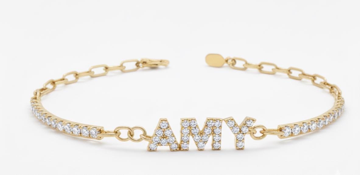 Diamond Name Bracelet, 14k Gold Bracelet, Diamond Initial Bracelet, Paperclip Chain, 14k Solid Yellow, White Gold, Customised Bracelet Moissanite engagement ring in Gold or Platinum — custom handcrafted by Forever For Love
