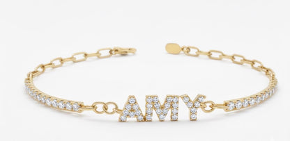 Diamond Name Bracelet, 14k Gold Bracelet, Diamond Initial Bracelet, Paperclip Chain, 14k Solid Yellow, White Gold, Customised Bracelet