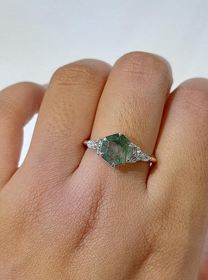 Hexagon Lab Diamond, Moss Agate Engagement Ring