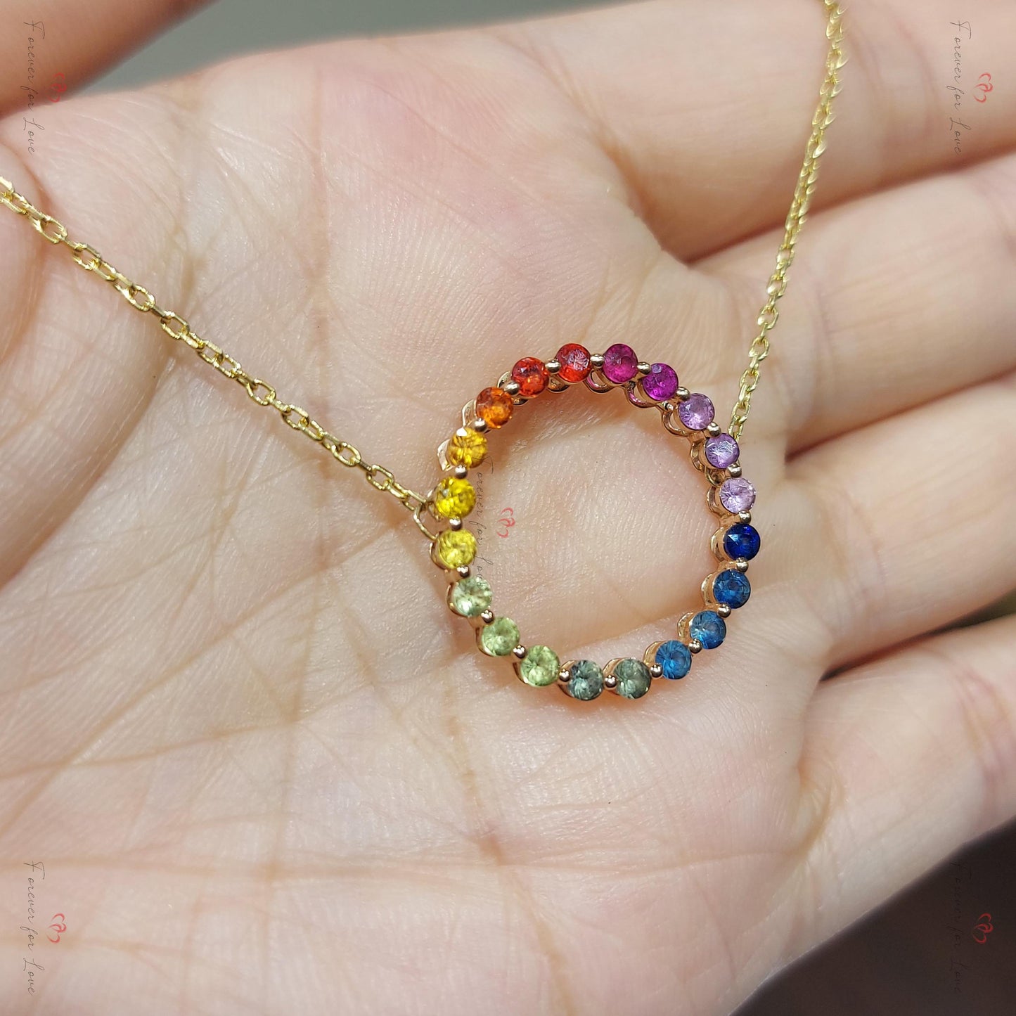 14k Rose Gold Pendant with Multi-Color Sapphires, Dainty Minimalist Sapphire Pendant,  Womens Necklace, Special Gift For Her. Moissanite engagement ring in Gold or Platinum — custom handcrafted by Forever For Love