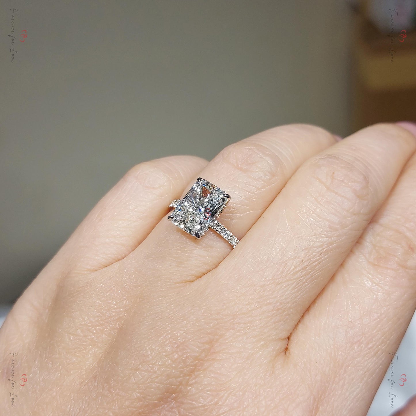 3.5 Ct IGI Certified Radiant Lab Diamond Hidden Halo Engagement Ring Radiant cut 1Ct Moissanite Brilliant Cut engagement ring in 935 Argentium Silver — custom handcrafted by Forever For Love