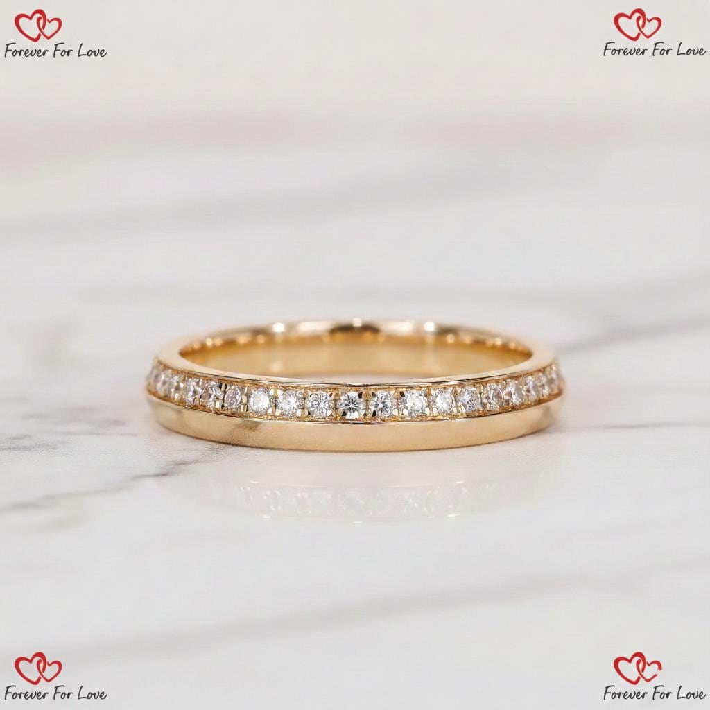 Diamond Wedding Band Full Eternity Knife Edge Ring One Side Pave Setting Ring Wide Stackable Band with Engagement Ring White Rose Gold Round cut Moissanite Brilliant Cut engagement ring in 935 Argentium Silver — custom handcrafted by Forever For Love