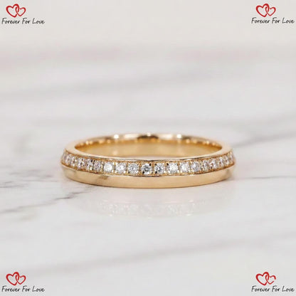 Diamond Wedding Band Full Eternity Knife Edge Ring One Side Pave Setting Ring Wide Stackable Band with Engagement Ring White Rose Gold