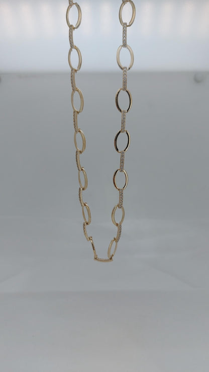 Halskette mit Büroklammerkette aus 14 Karat Massivgold, zarte Goldkette, Echte Diamant-Pave-Halskette/Diamantketten-Halskette, Jubiläumsgeschenk.