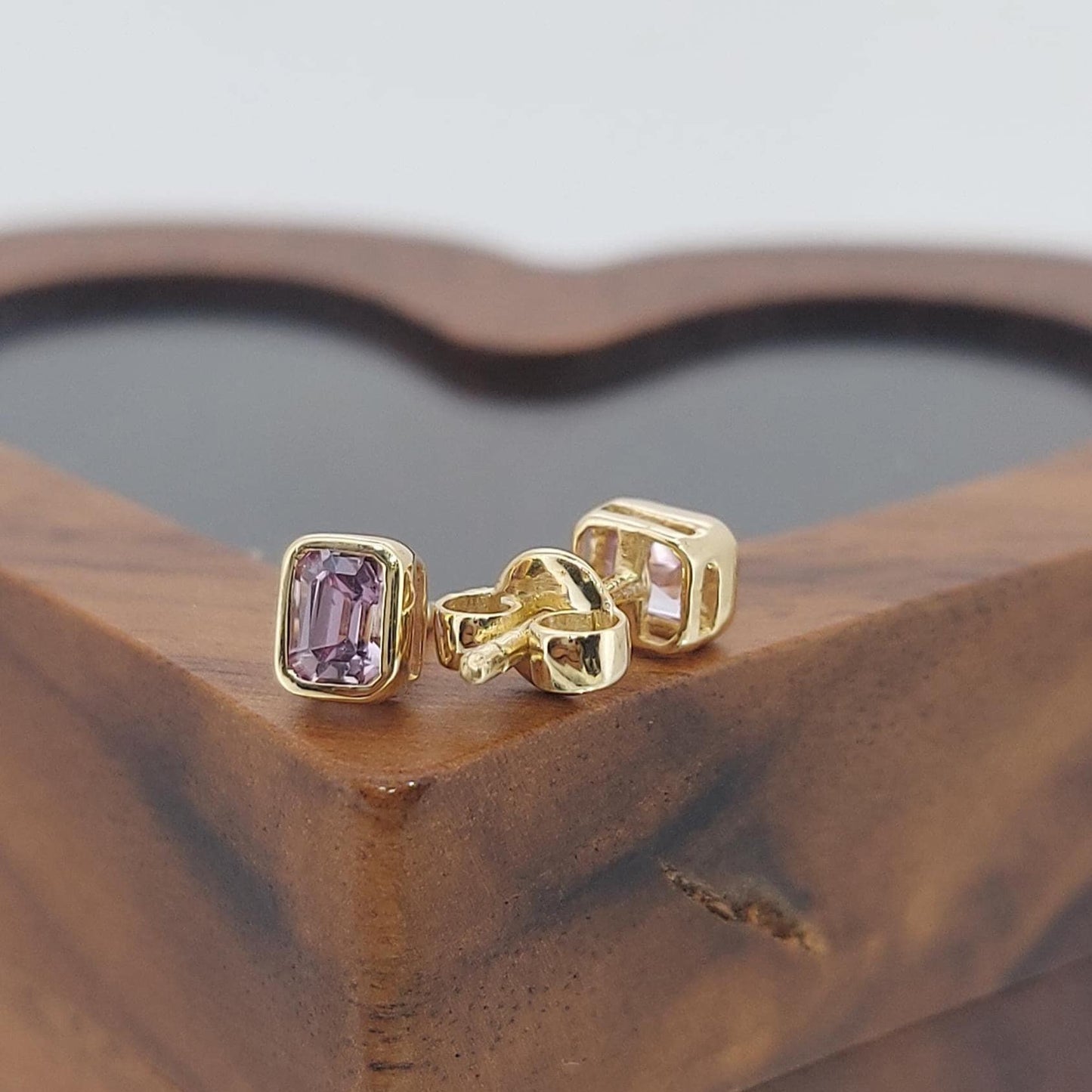 14k Natural Pink Sapphire Emerald Cut Stud Earrings, 0.5ct Bezel Setting, Stud Earring, Perfect Gift for Her. Moissanite engagement ring in Gold or Platinum — custom handcrafted by Forever For Love