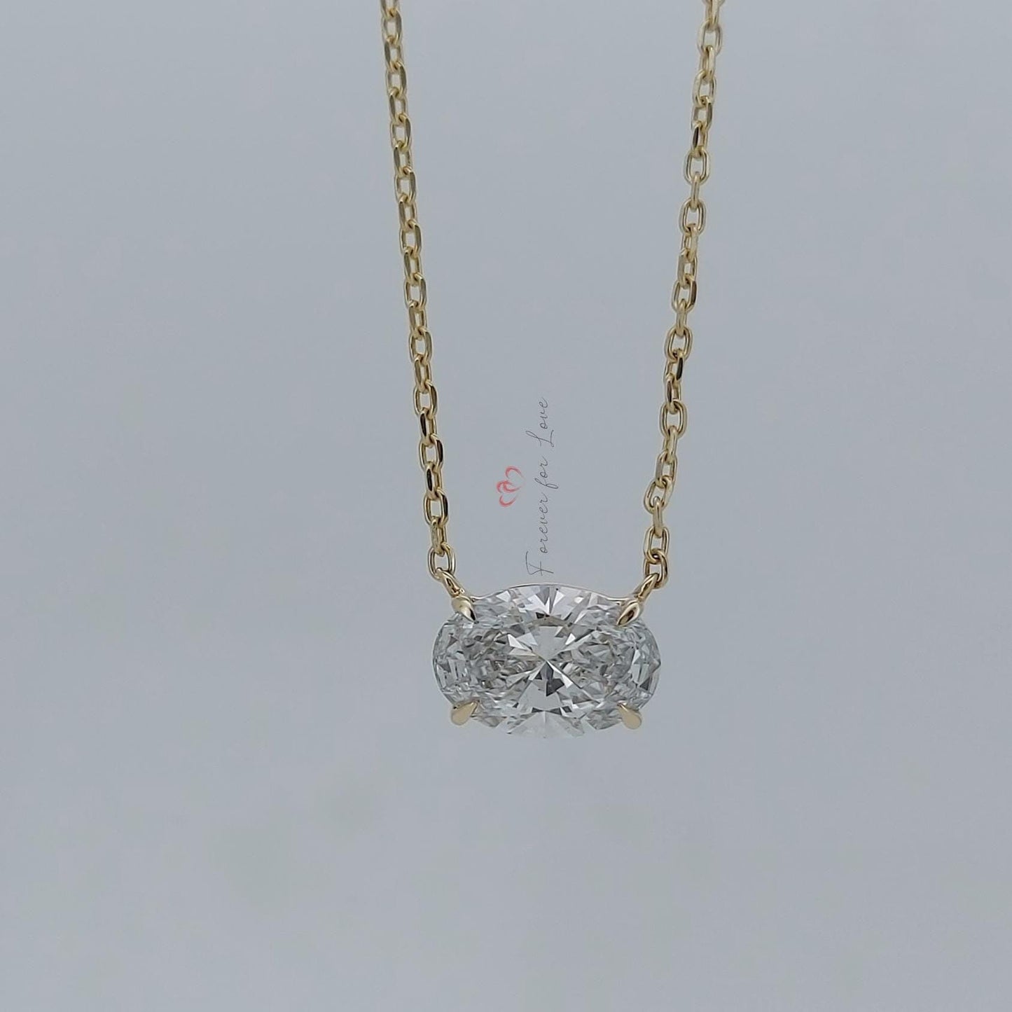 Pendentif flottant solitaire en diamant taille ovale avec chaîne de 45,7 cm, certifié IGI, 2 carats, couleur F, pureté VS1, or jaune 14 carats, diamant créé en laboratoire Moissanite engagement ring in Gold or Platinum — custom handcrafted by Forever For Love
