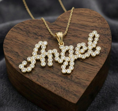 Halskette mit Namen aus 14K massivem Gold, Labor-Diamant mit Lünettenfassung, Gold, Silber, Roségold, personalisiertes Geschenk für sie