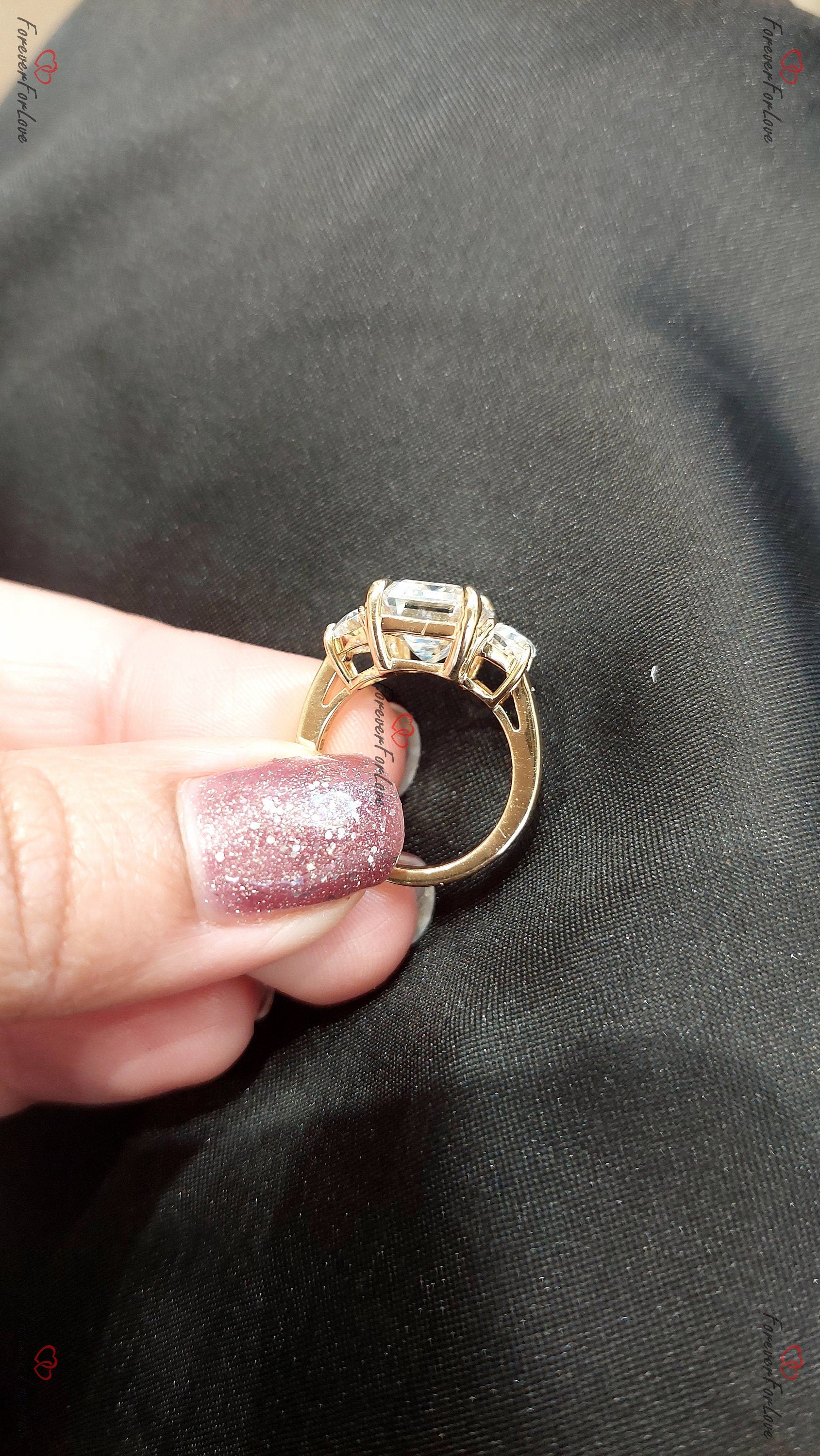 5 Ct Emerald Moissanite, Moonstone Three Stone Engagement Ring