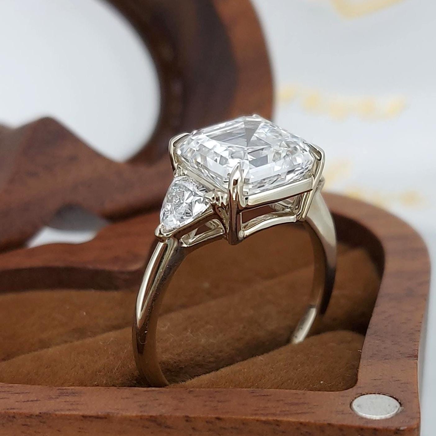 6 Ct IGI Certified Asscher Lab Diamond Three Stone Engagement Ring