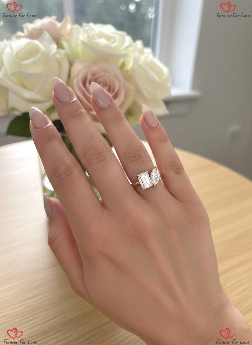 3 carat E/VVS2 IGI CERTIFIED Marquise + Emerald Cut Two Stone Lab Diamond Engagement Ring, 14k Rose gold, Toi et Moi Ring, Perfect gift