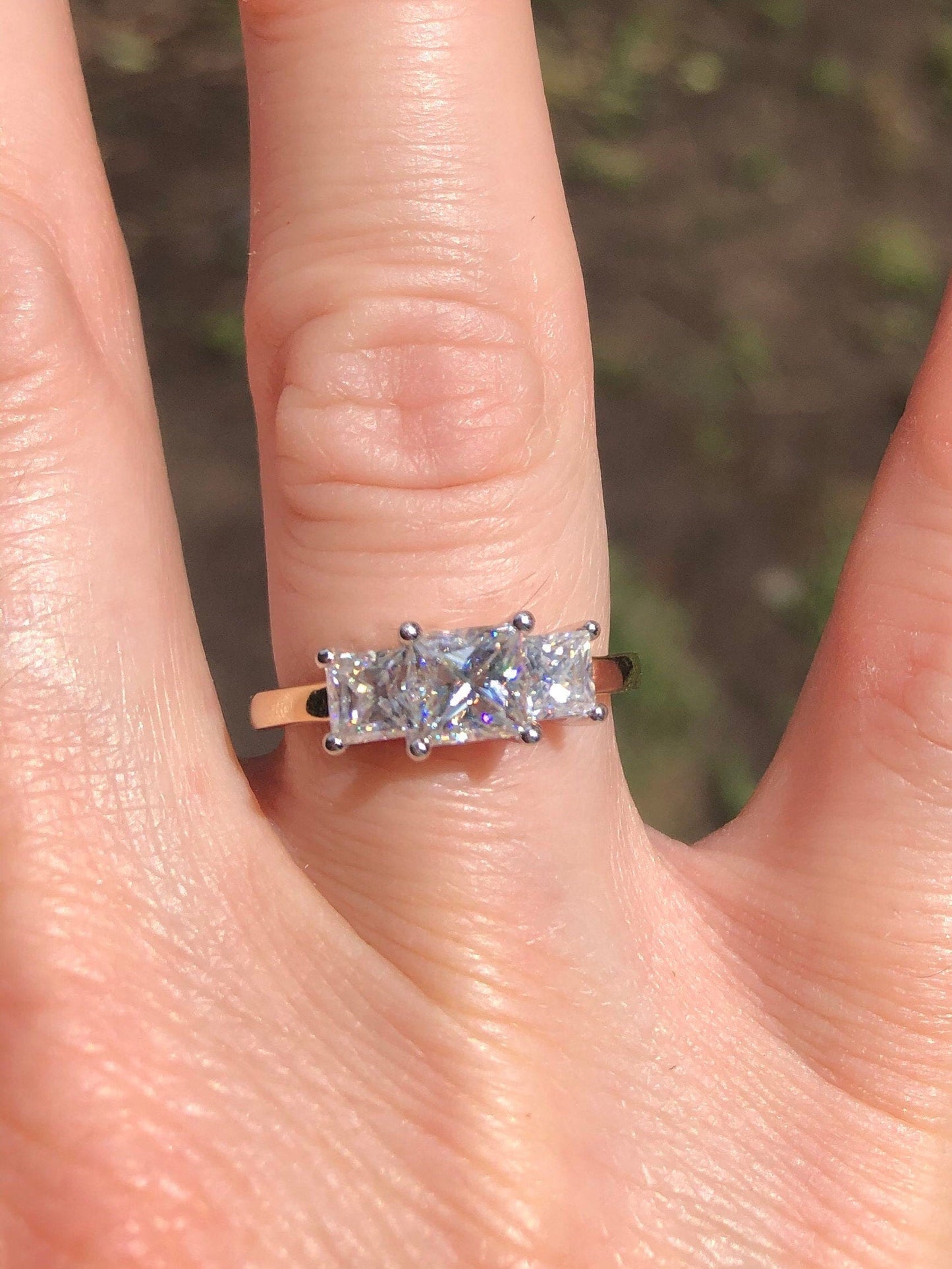 Princess Diamond, Moissanite Three Stone Engagement Ring Princess cut Moissanite engagement ring in Gold or Platinum — custom handcrafted by Forever For Love