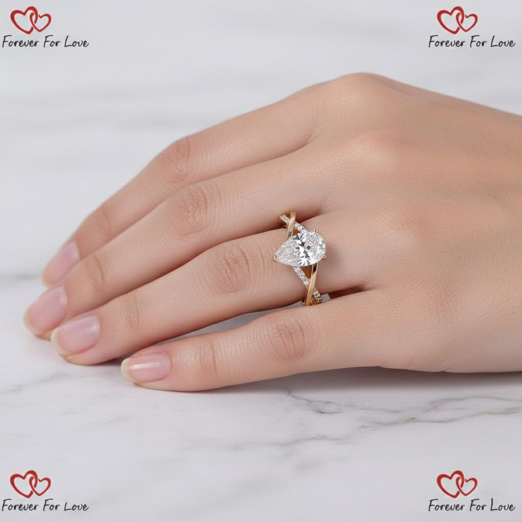 4.5 Ct Pear Lab Diamond Criss-Cross Engagement Ring Pear cut 1Ct Moissanite Brilliant Cut engagement ring in 935 Argentium Silver — custom handcrafted by Forever For Love