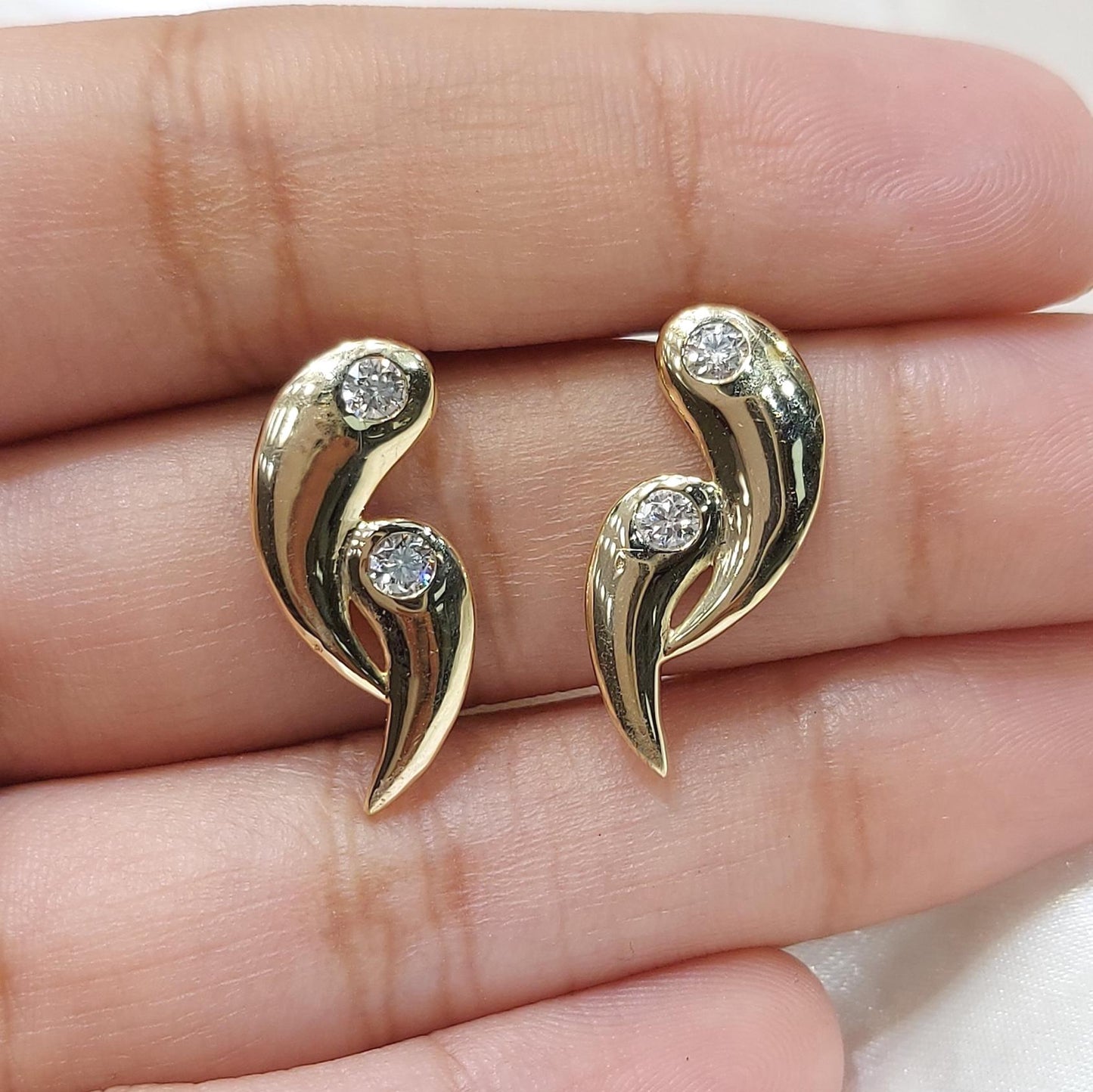 Curved Diamond Stud Earrings in 14K Yellow Gold, Minimalist Wave Earrings, Dainty Gold Diamond Studs, Modern Everyday Earrings, Perfect gift Moissanite engagement ring in Gold or Platinum — custom handcrafted by Forever For Love