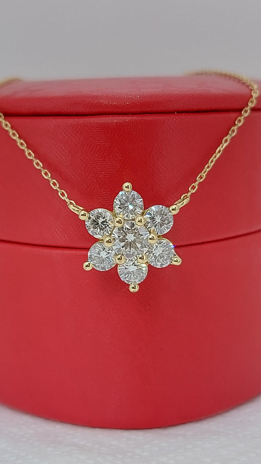 Flower Diamond Necklace, 14k Yellow Gold, Dainty Minimalist Heart Pendant, Real Diamond Womens Necklace, Special Gift For Her.