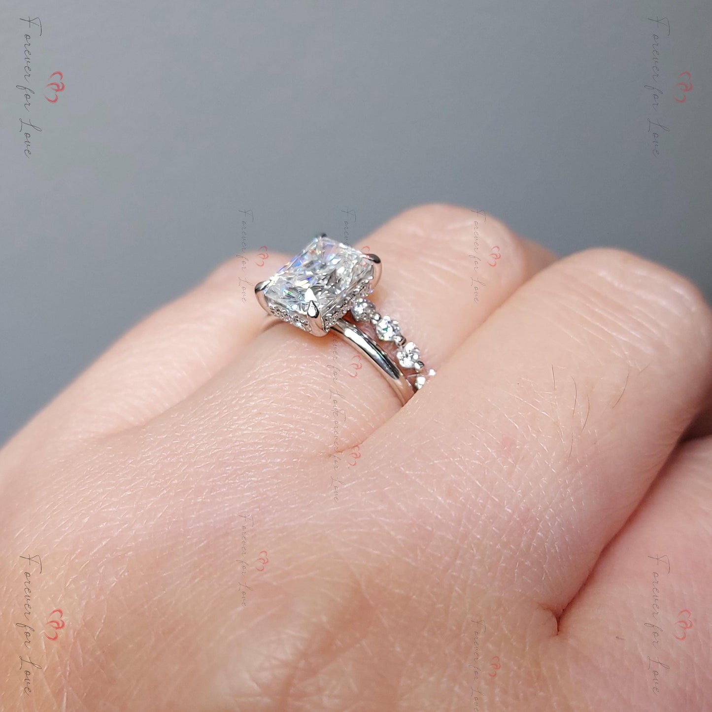 2 Karat Radiant Moissanite Eternity Band Radiant cut Moissanite engagement ring in 935er Argentium Silber — custom handcrafted by Forever For Love