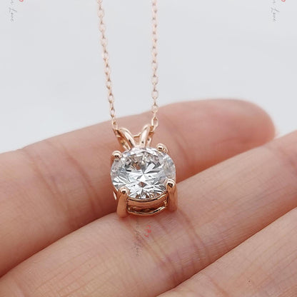 Collier diamant rond, or rose 14 carats, pendentif rond délicat et minimaliste, véritable diamant, collier femme, cadeau spécial pour elle.