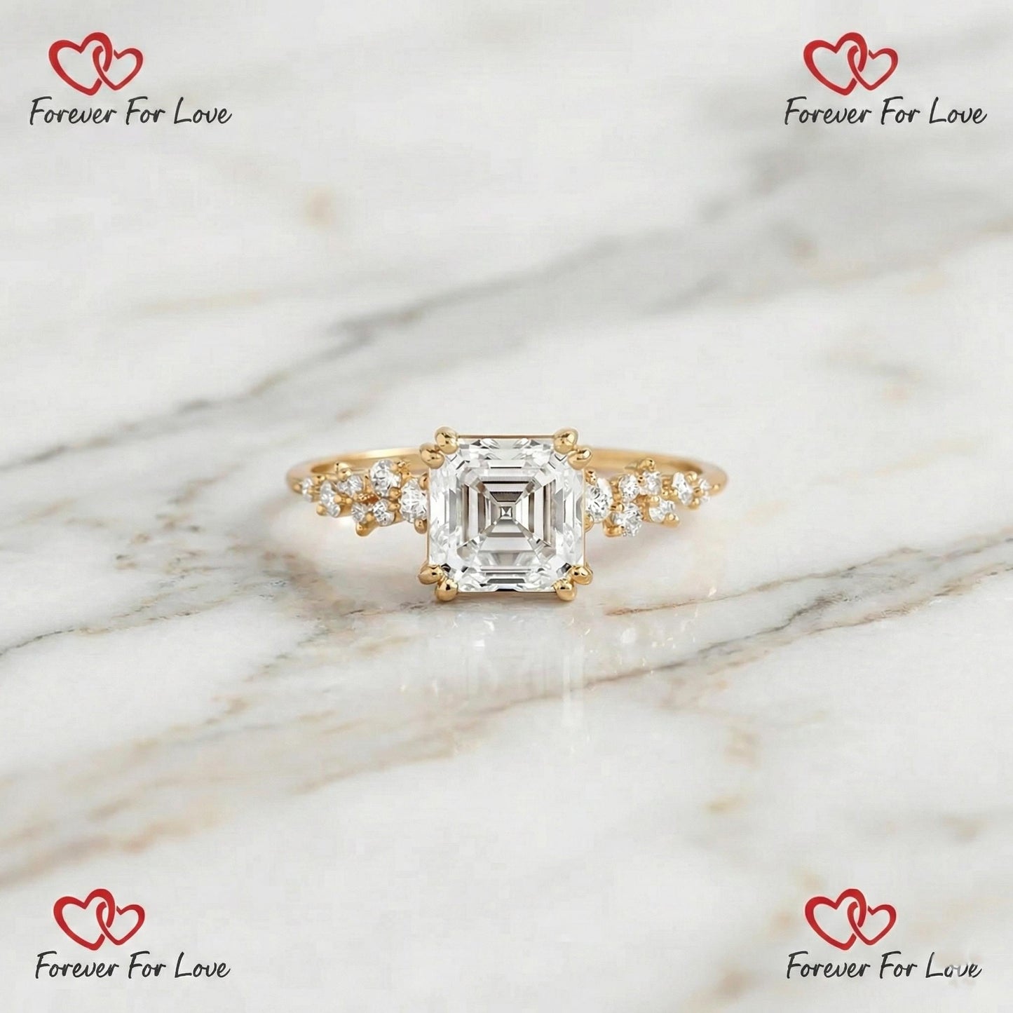 Bague de mariée diamant de laboratoire Asscher 2 carats Asscher cut 1Ct Moissanite taille brillant engagement ring in Gold or Platinum — custom handcrafted by Forever For Love