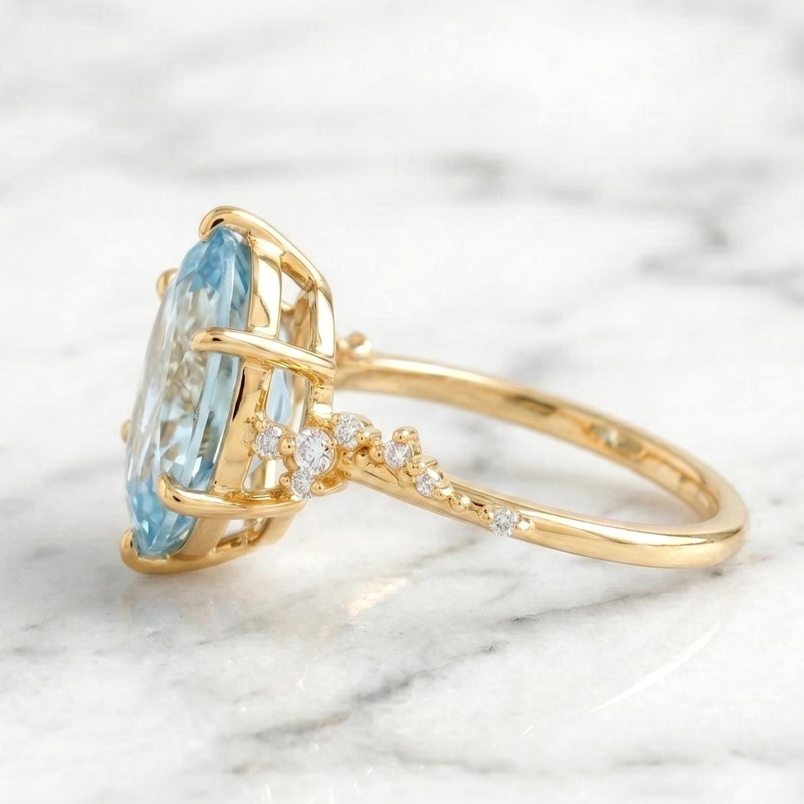 3.1 Ct Oval Lab Diamond, Aquamarine Engagement Ring