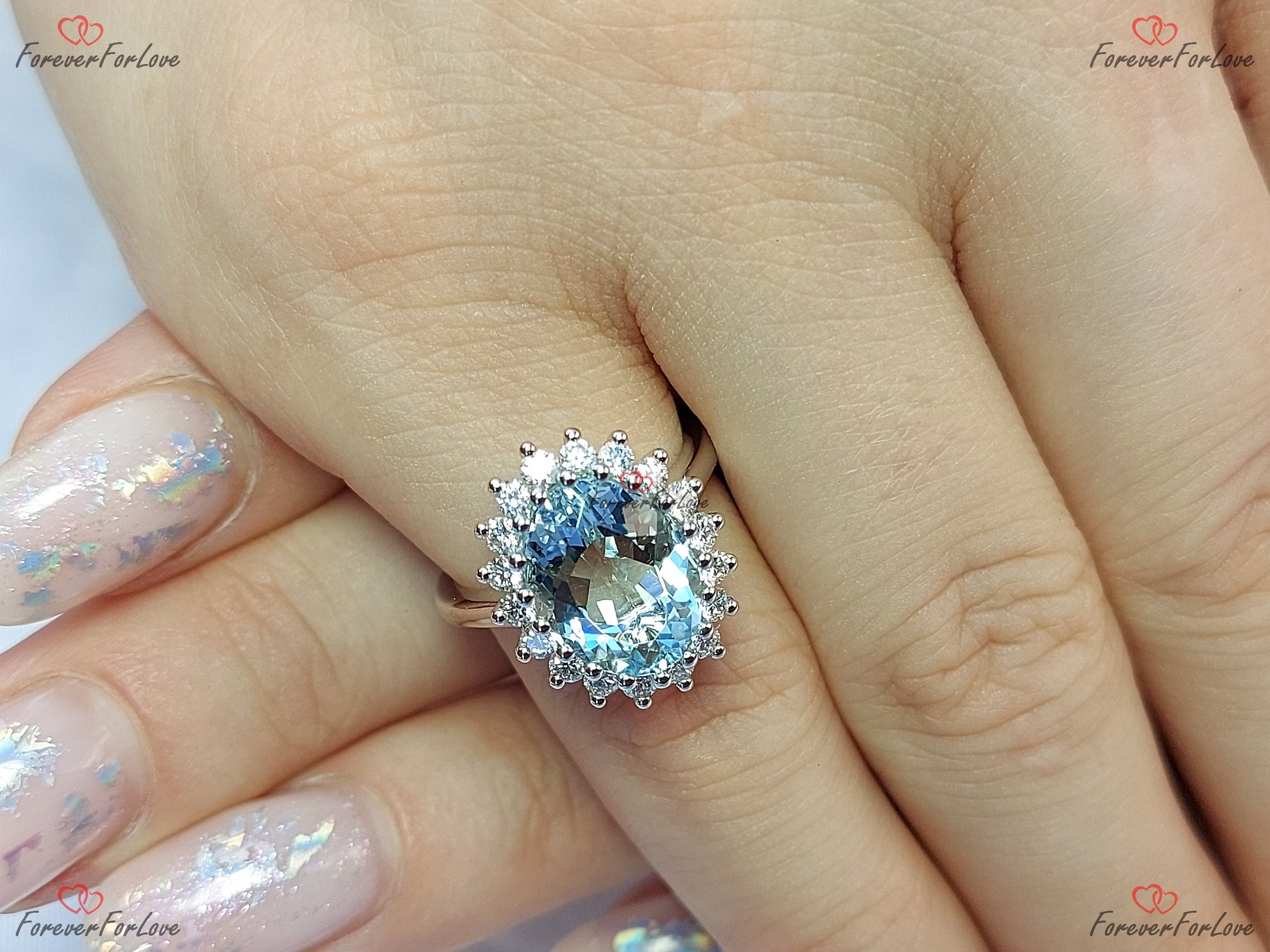 Diamond, Aquamarine Halo Engagement Ring