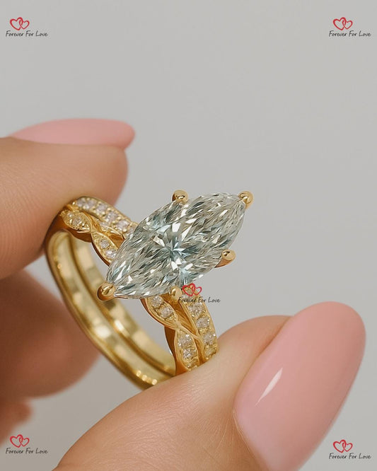 1.5 Carat Marquise Diamond Engagement ring set, Vintage Diamond Stacking ring Diamond ring,14K/18K Yellow Gold Dainty Bridal set.
