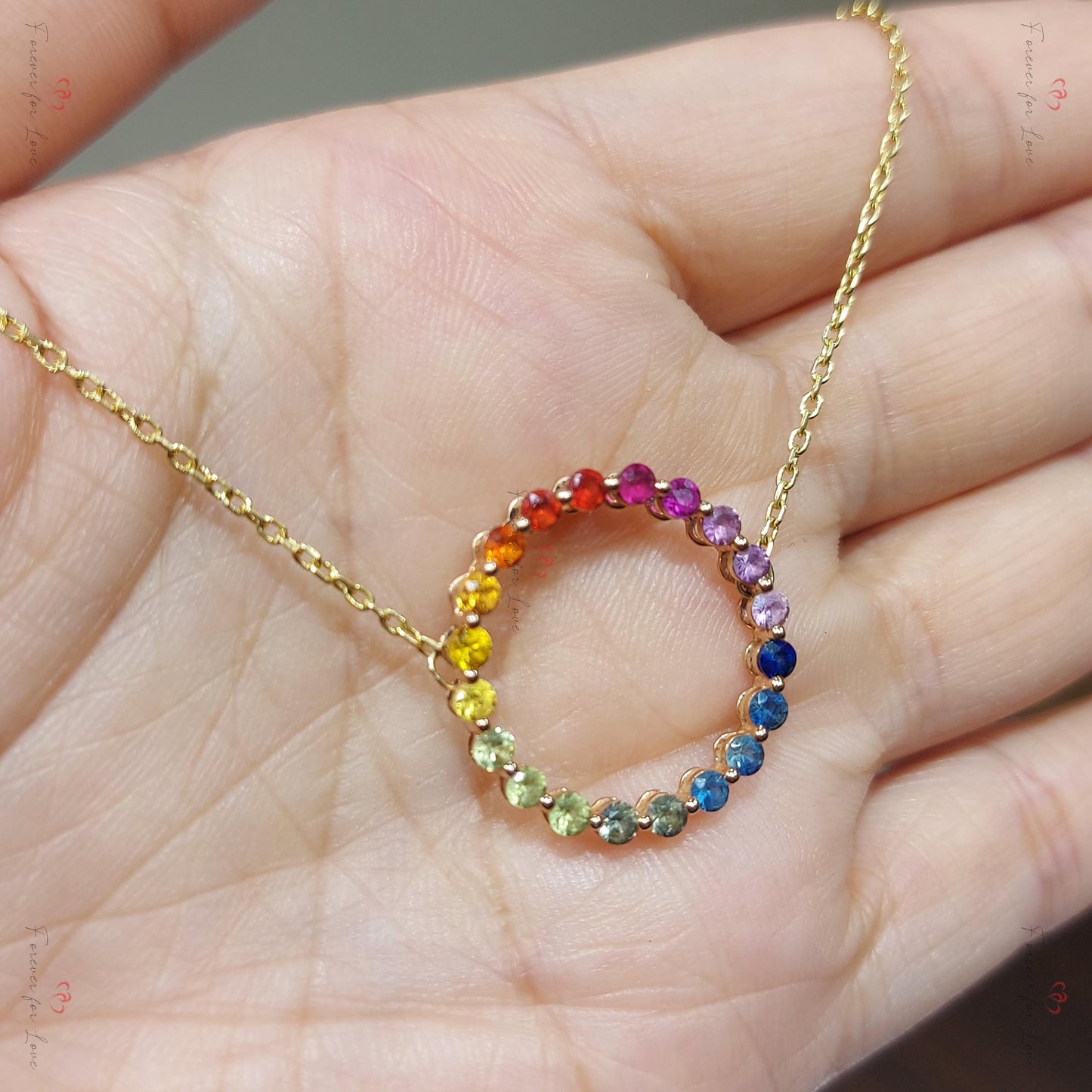 14k Rose Gold Pendant with Multi-Color Sapphires, Dainty Minimalist Sapphire Pendant,  Womens Necklace, Special Gift For Her. Moissanite engagement ring in Gold or Platinum — custom handcrafted by Forever For Love