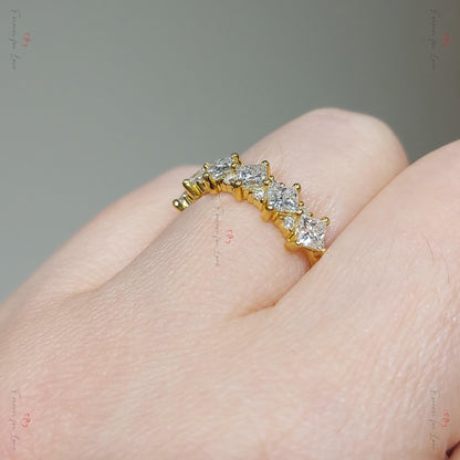 Princess Cut Diamond Half Eternity Ring 3mm 18k 14k natural Wedding Band Pave Setting. Yellow Rose White Gold Platinum certified.