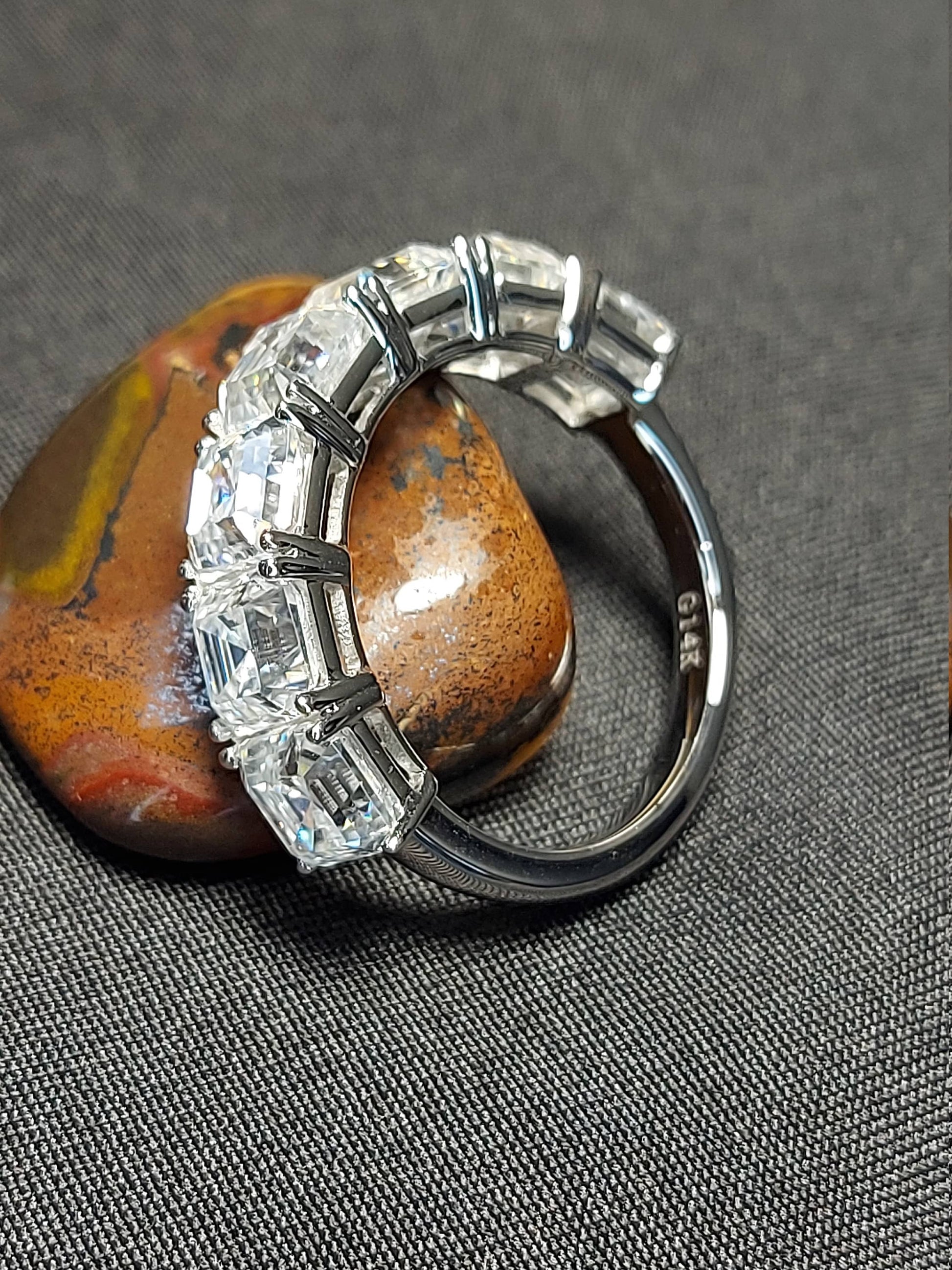 Asscher Cut Anniversary Band Moissanite Wedding Band Half Eternity Band Solid 14K White Gold, Statement Ring