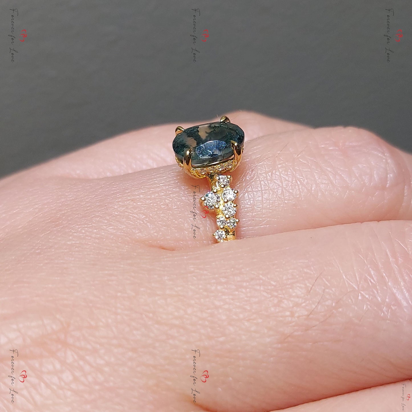 Bague de fiançailles ovale en agate mousse avec diamants G VS1 Oval cut Moissanite engagement ring in Gold or Platinum — custom handcrafted by Forever For Love